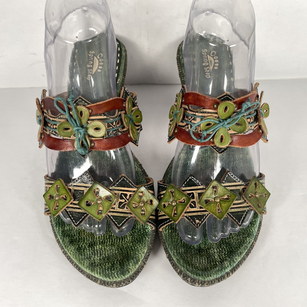 Spring Step Savory Shoes Womens Size 41 Green Leather Slide Heels Floral Slip On - Picture 4 of 10